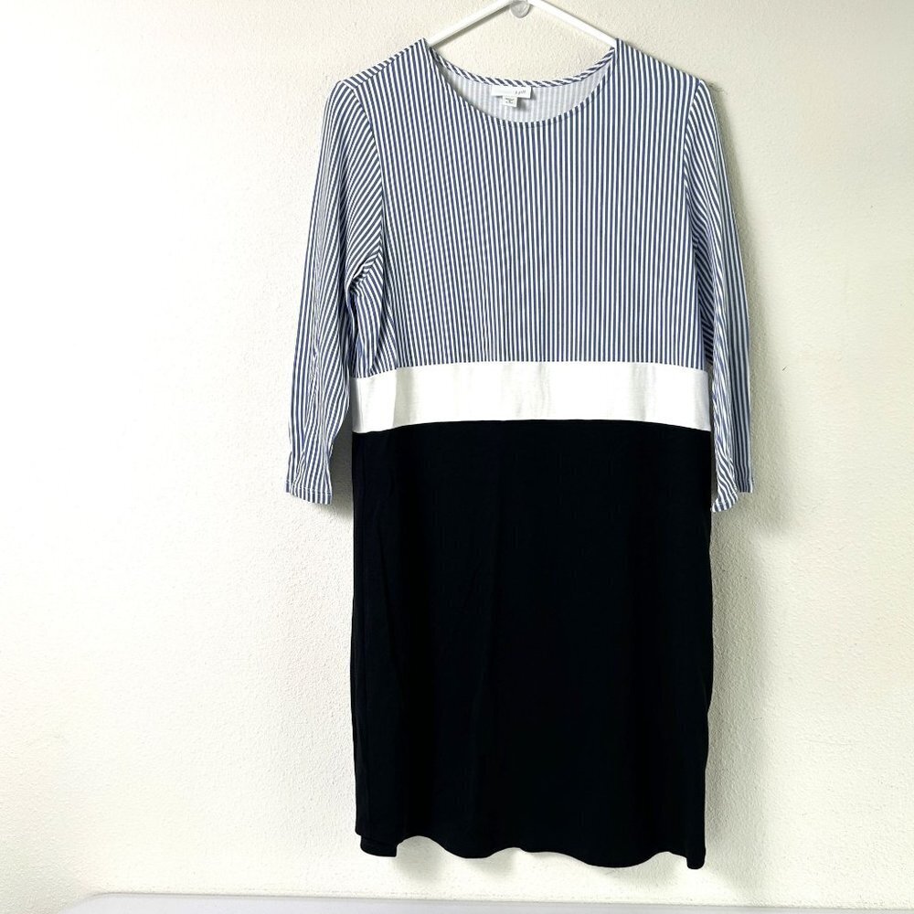 J Jill Shift Dress Womens Petite M Navy Blue White Striped Colorblock Stretch